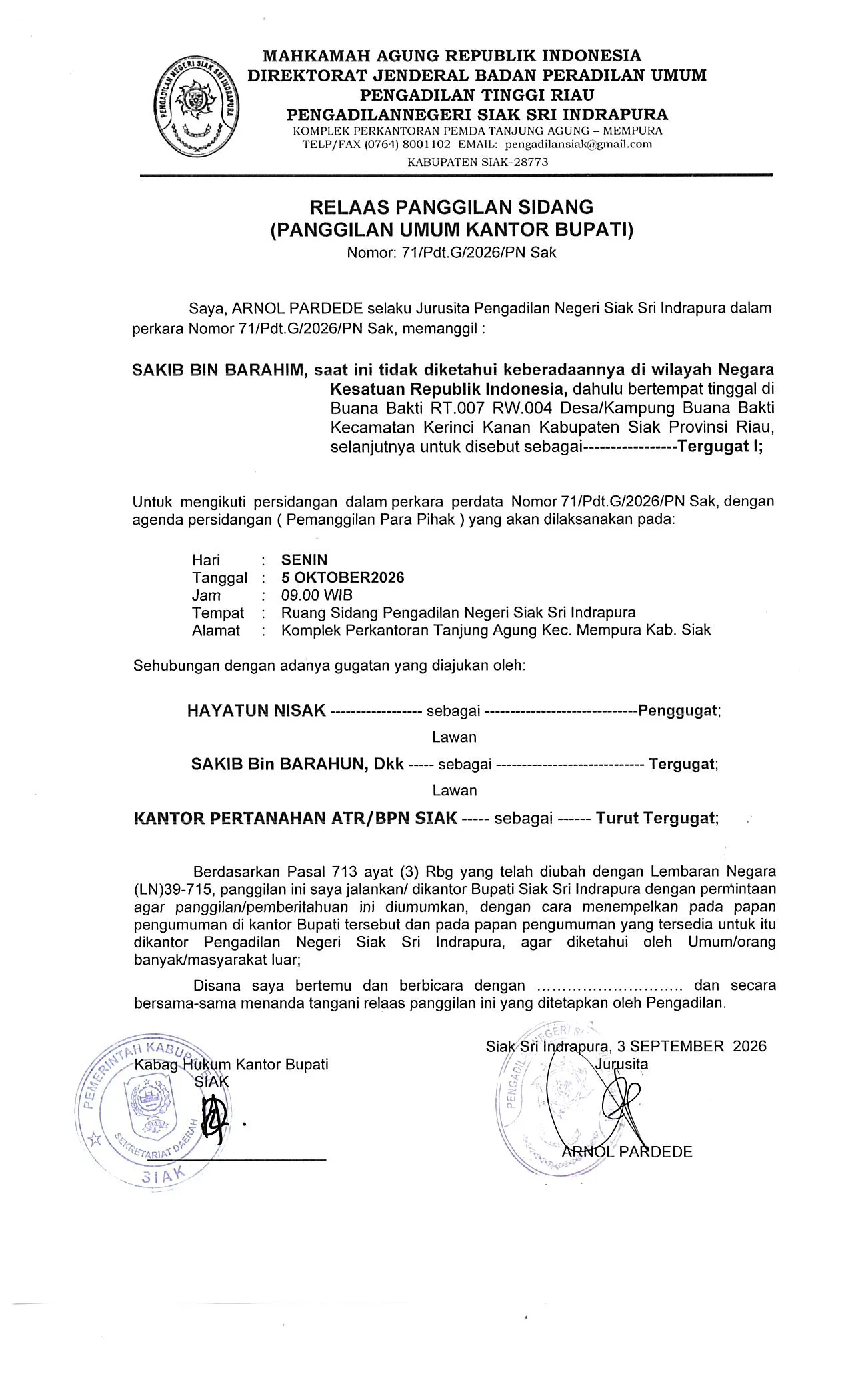 Relaas Panggilan Kepada Tergugat (Secara Umum) untuk nomor Perkara 71/Pdt.G/2026/PN Sak