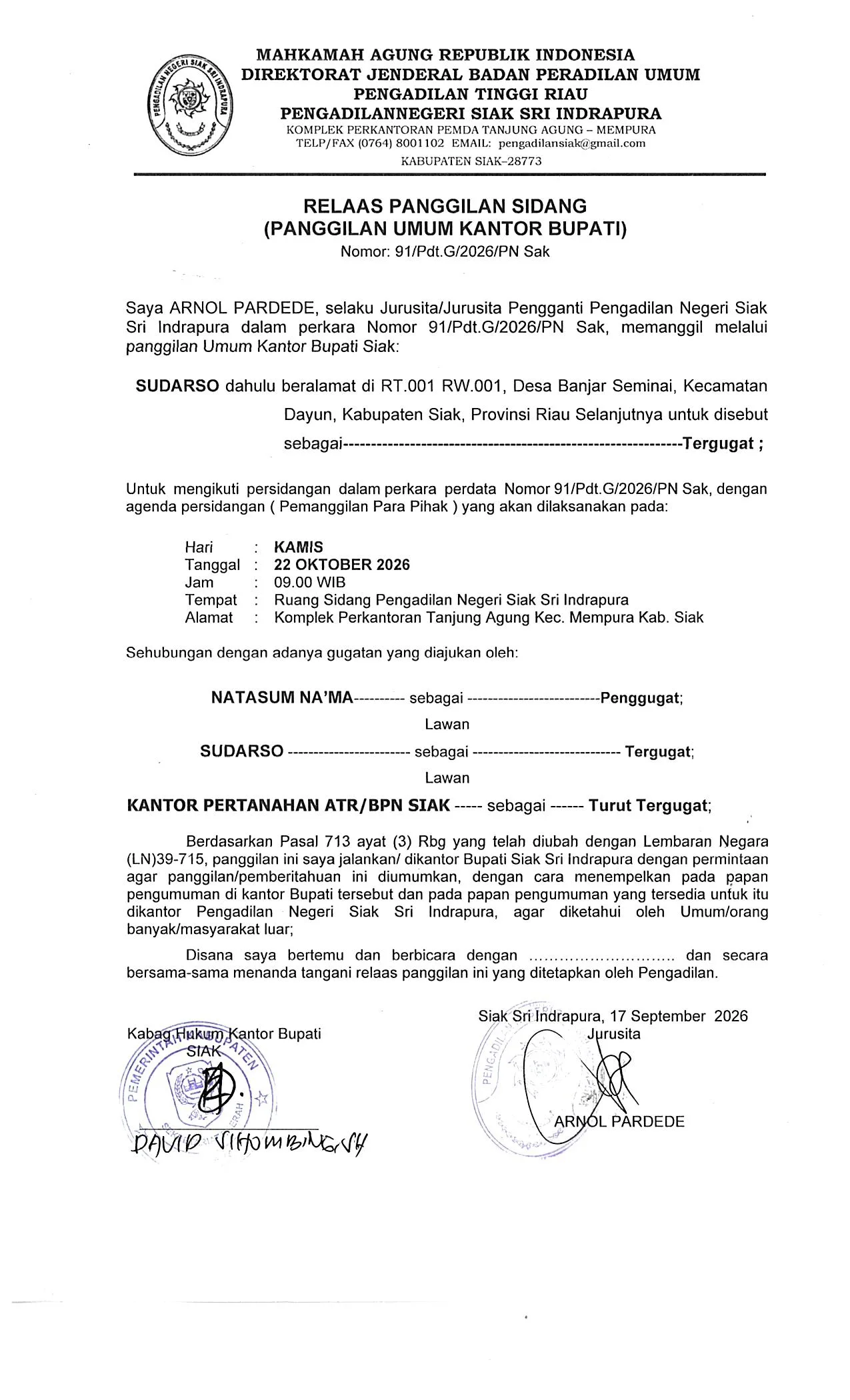 Relaas Panggilan Kepada Tergugat (Secara Umum) untuk nomor Perkara 93/Pdt.G/2026/PN Sak