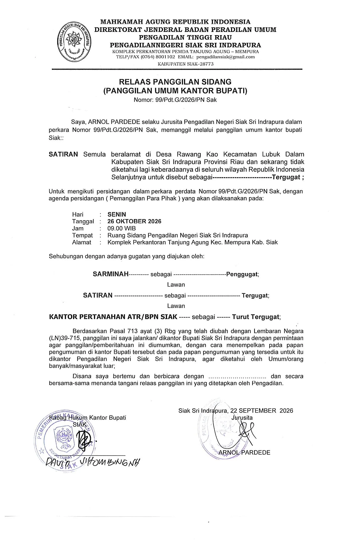 Relaas Panggilan Kepada Tergugat (Secara Umum) untuk nomor Perkara 99/Pdt.G/2026/PN Sak