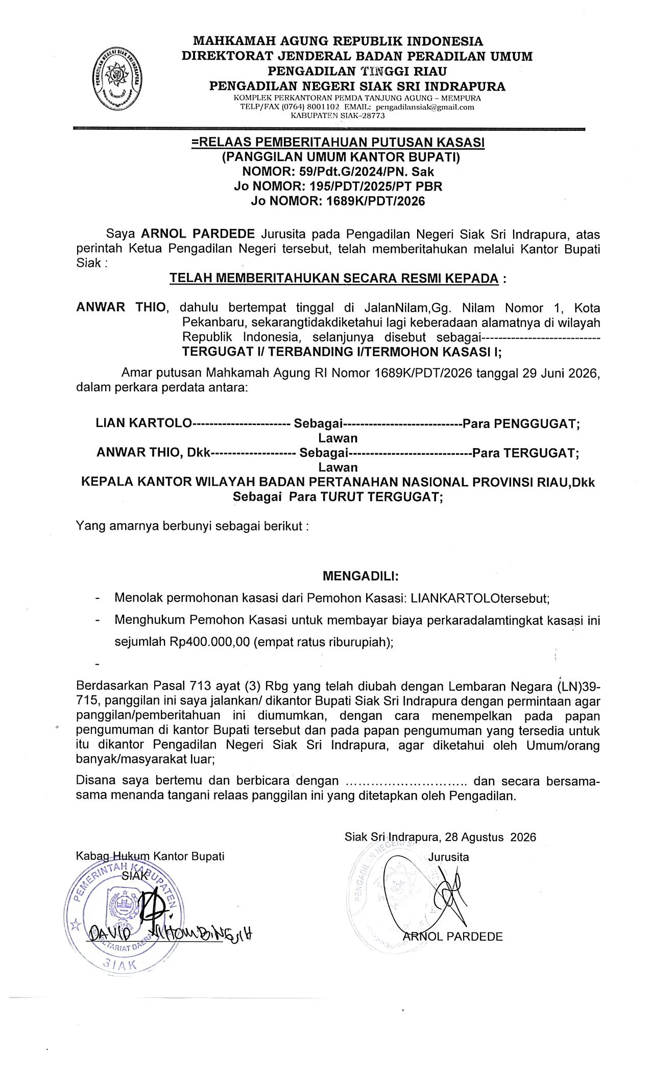 Relaas Panggilan Kepada Tergugat (Secara Umum) untuk nomor Perkara 59/Pdt.G/2026/PN Sak
