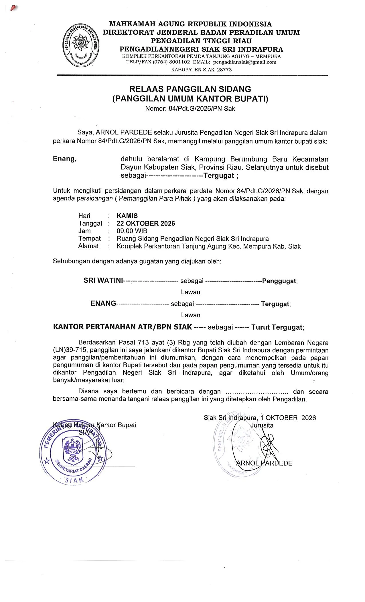 Relaas Panggilan Kepada Tergugat (Secara Umum) untuk nomor Perkara 84/Pdt.G/2026/PN Sak